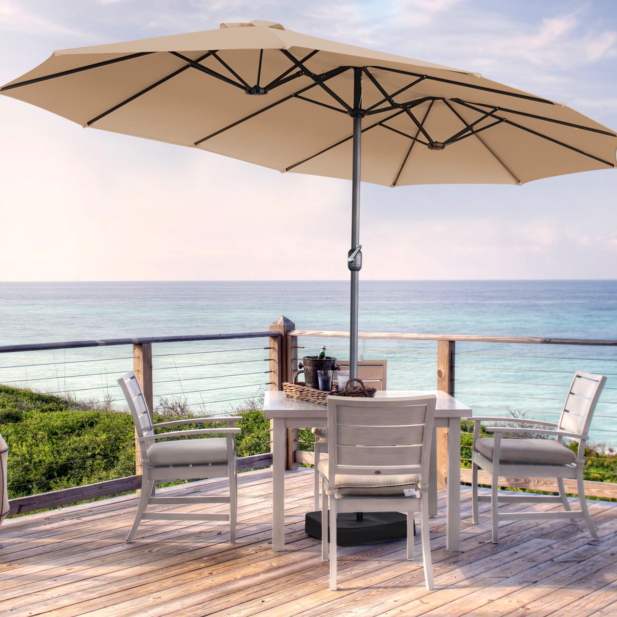 AONETOZ canopy size comparison beside table illustrating scale for 15ft outdoor settings