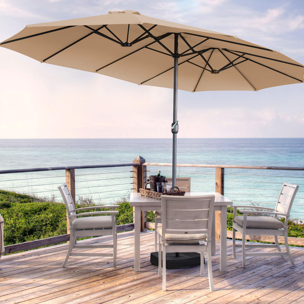 AONETOZ canopy size comparison beside table illustrating scale for 15ft outdoor settings