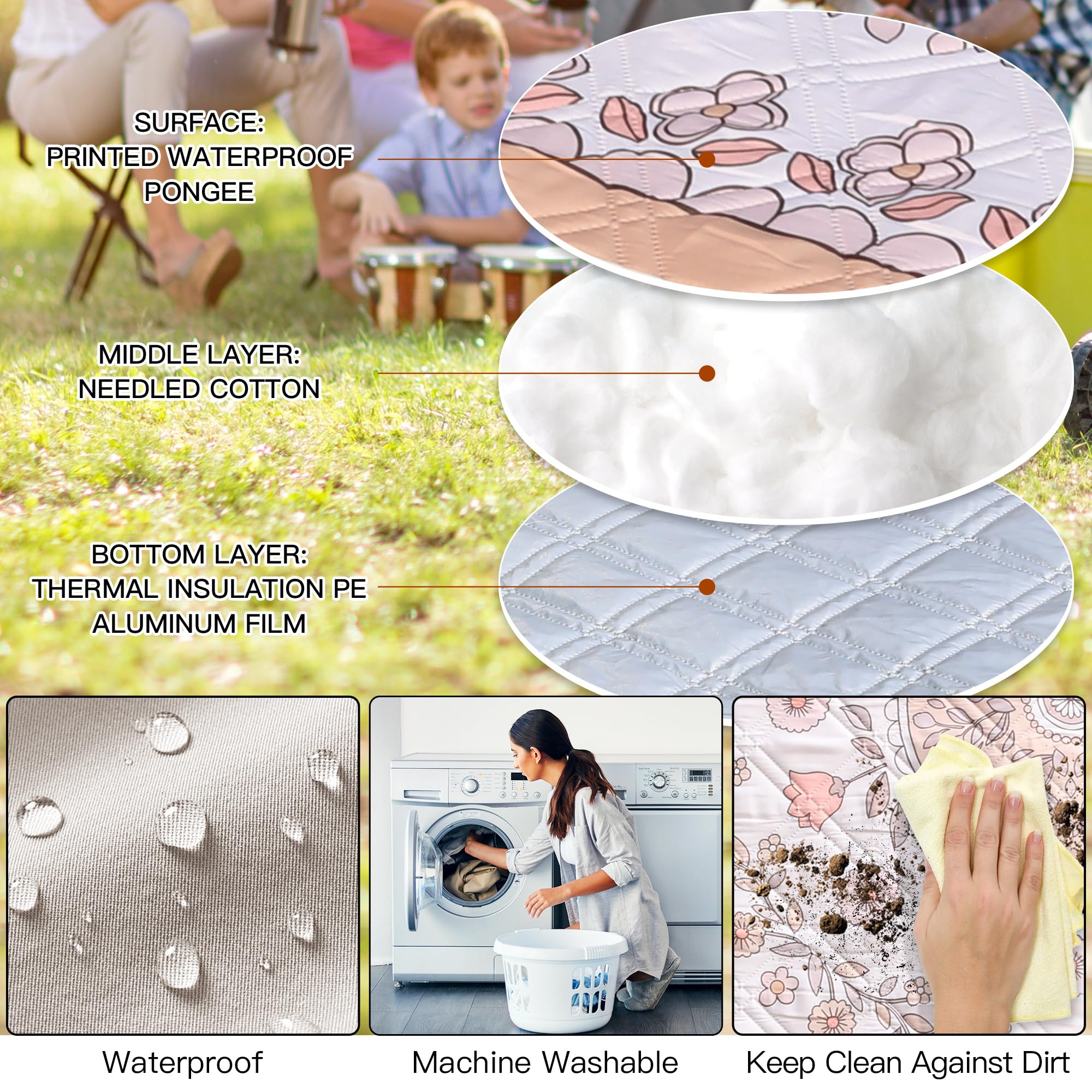 aoole boho picnic mat underside showing PE-aluminum backing for waterproof insulation