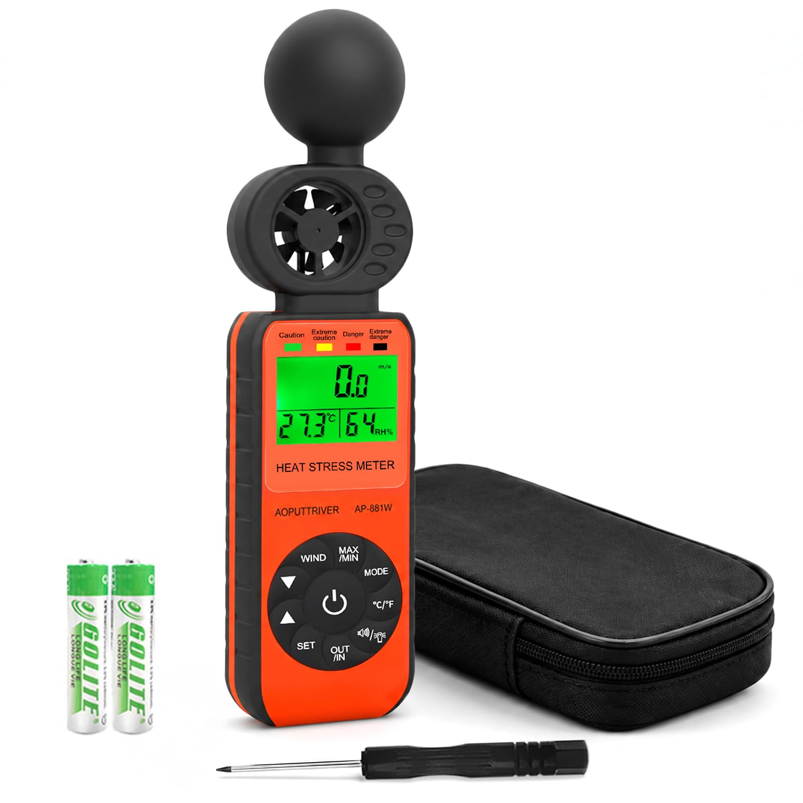 AOPUTTRIVER AP-881W front display showing wind speed and WBGT for quick readings