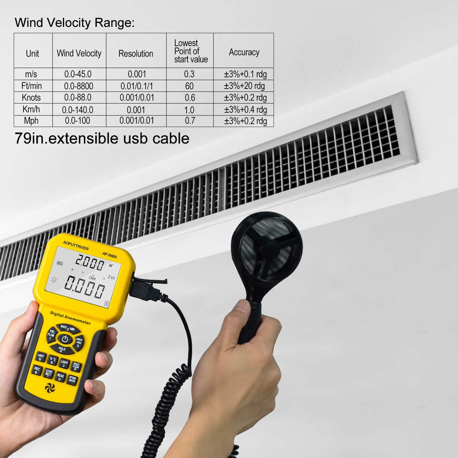 AOPUTTRIVER probe extended inside duct measuring velocity accurately