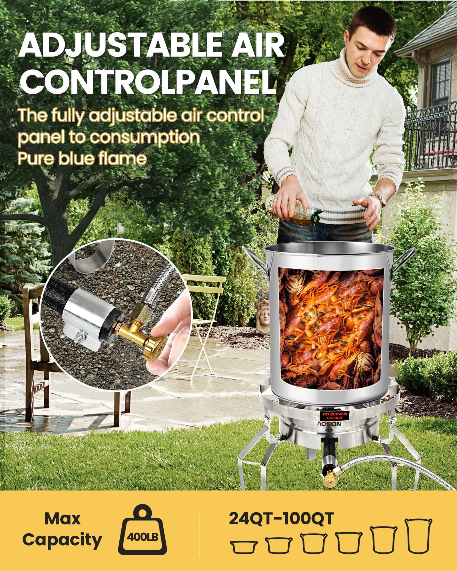 AOSION stainless frame supporting heavy cookware for durable outdoor use