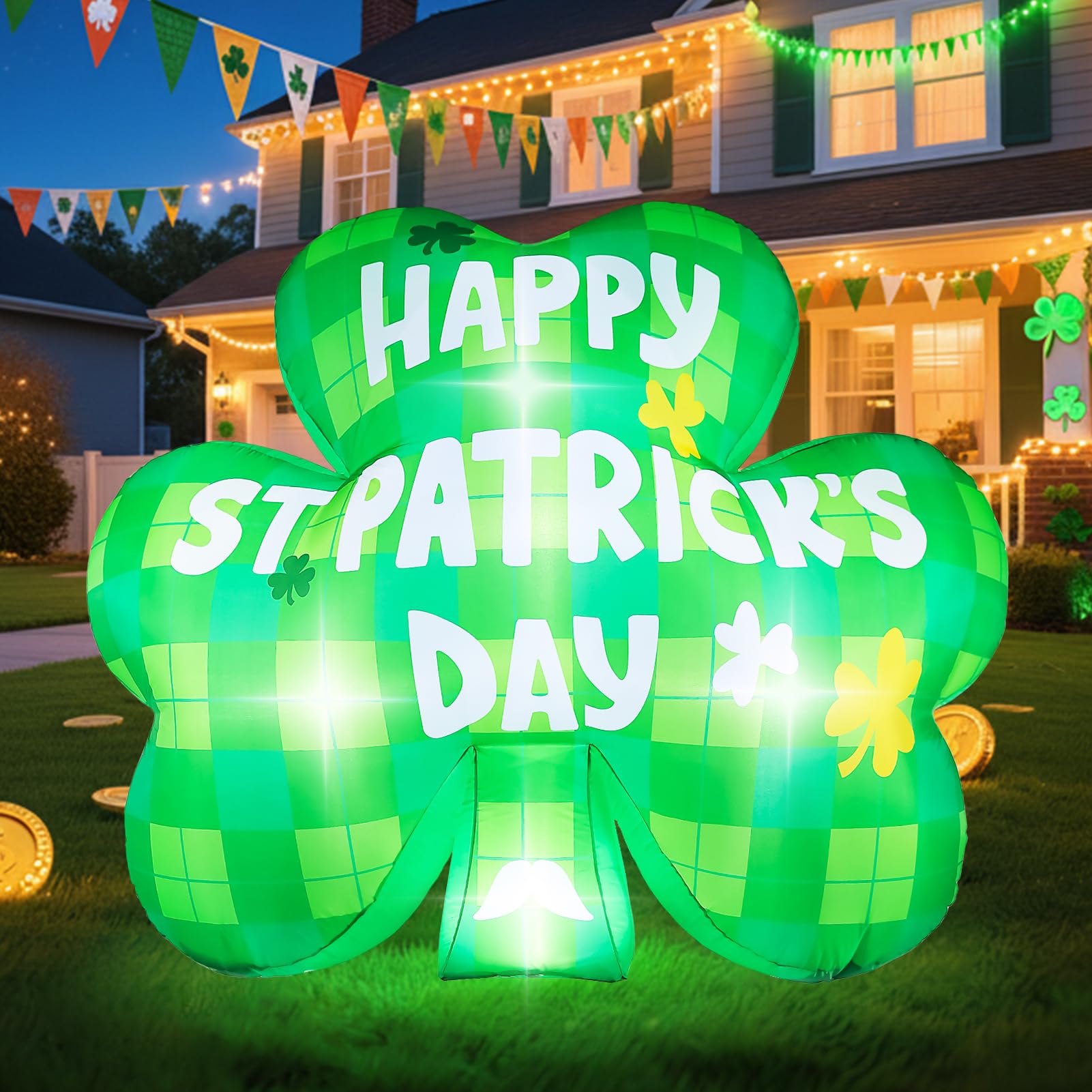 Aotiooy shamrock front view showing bold green shape and greeting for instant curb appeal