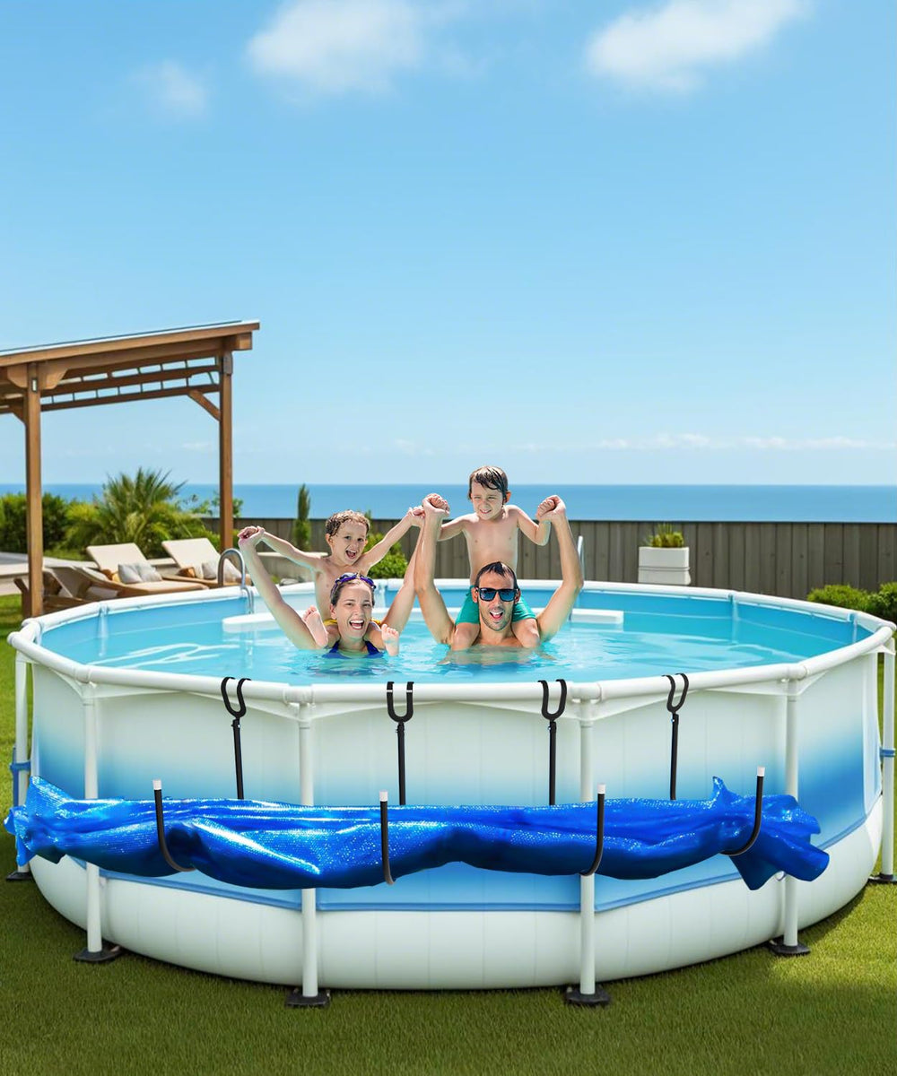 Aowalen holders storing a solar blanket on a pool showing cleaner deck benefit