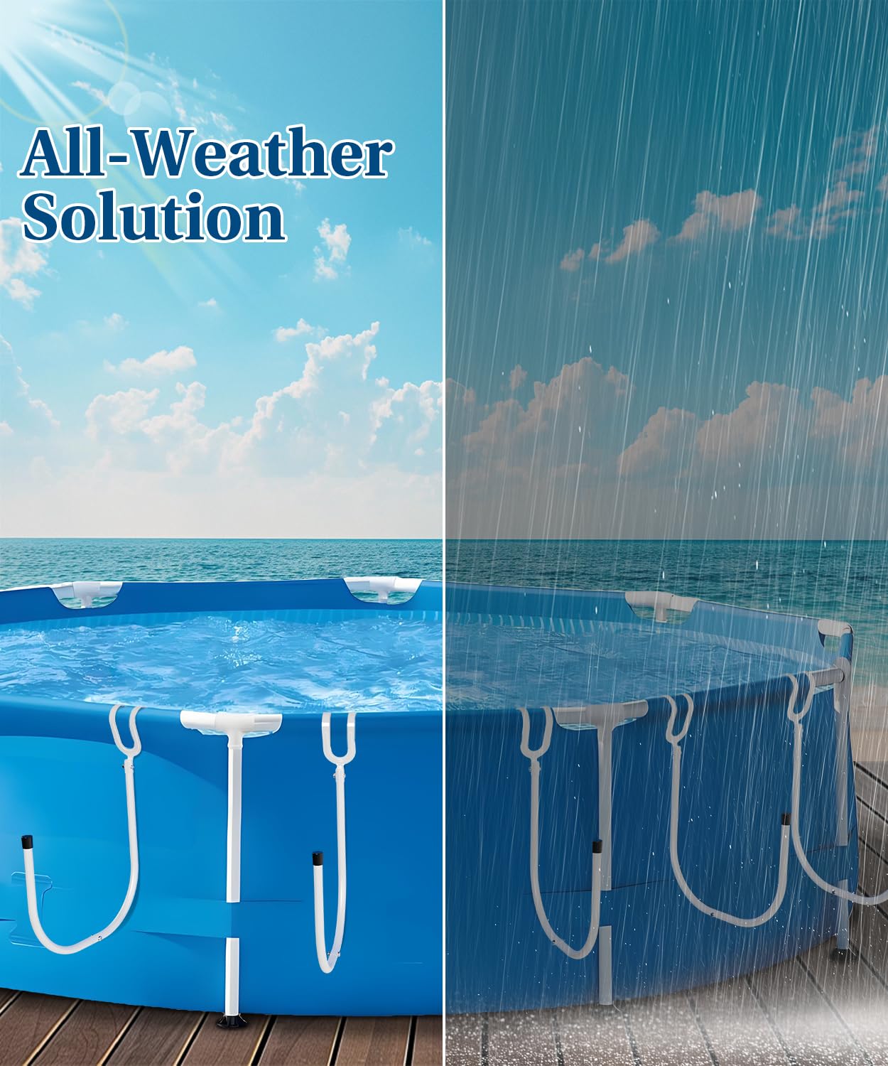 Aowalen solar cover draped on holders showing cleaner, off-deck storage and faster drying
