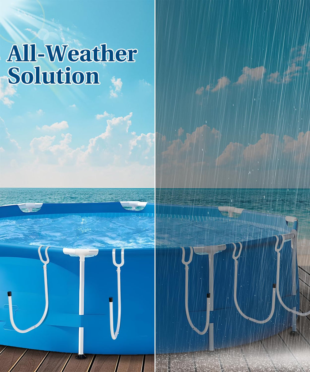 Aowalen solar cover draped on holders showing cleaner, off-deck storage and faster drying