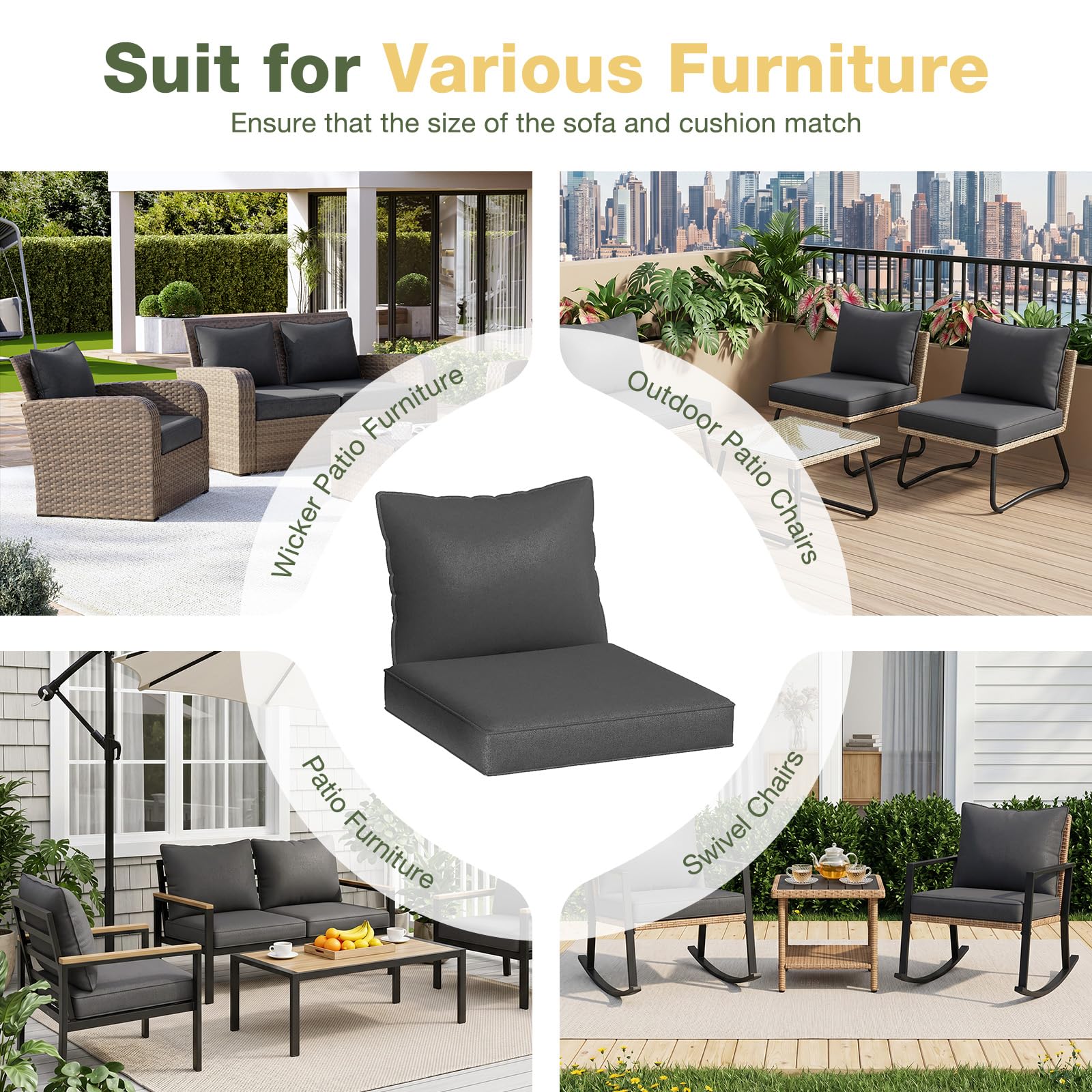 Aoxun cushions on sofa showing scale and fit for a 4-seater patio