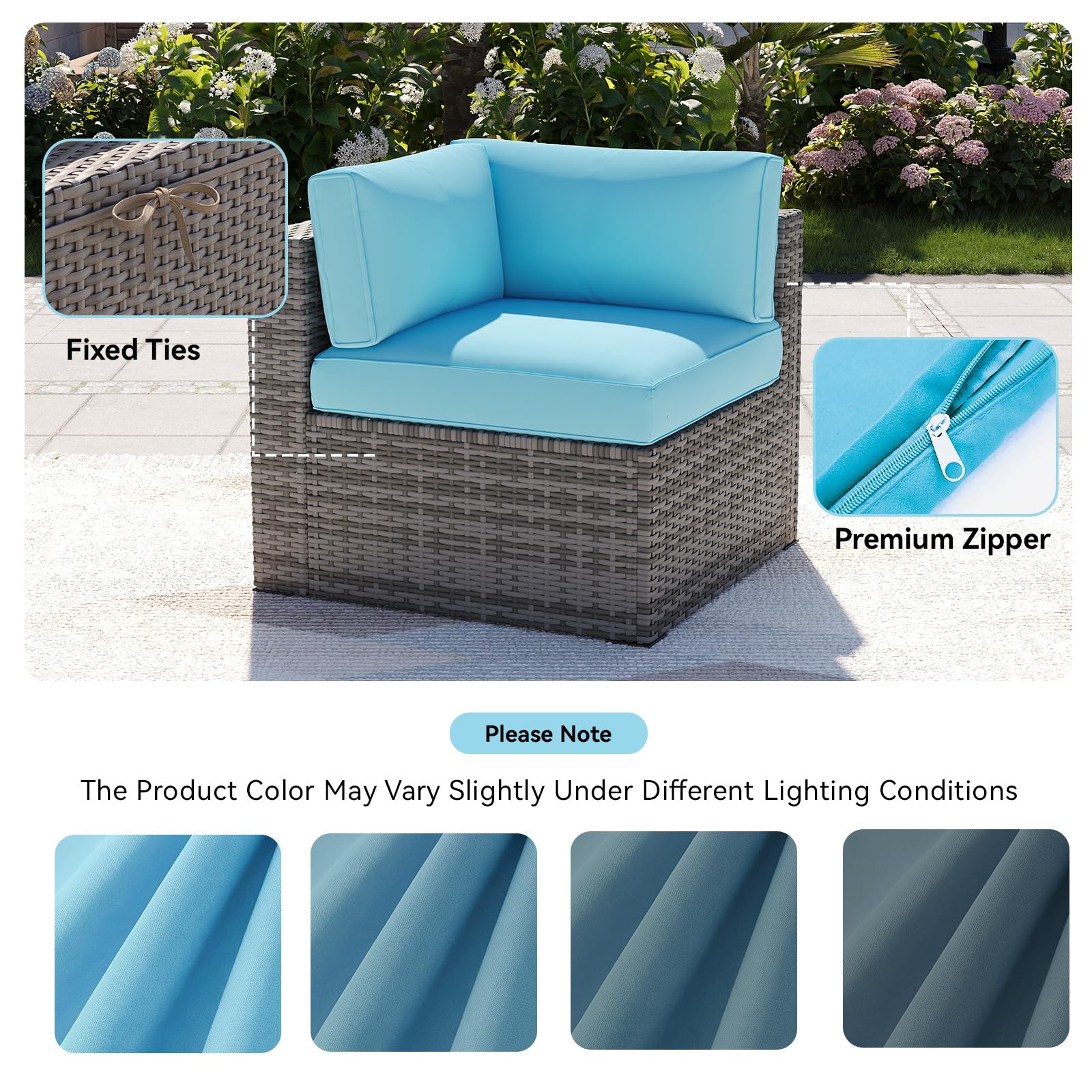 Aoxun sectional sofa dressed in sky blue covers showing coordinated outdoor style