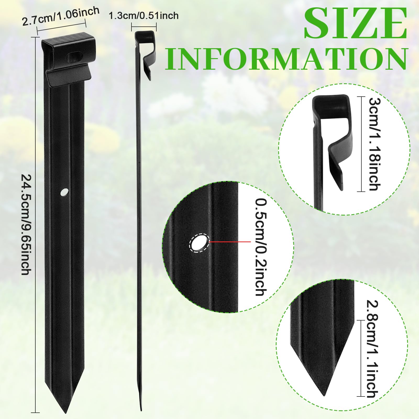 Apaspoil stake beside hand for scale showing 10-inch length and installation convenience