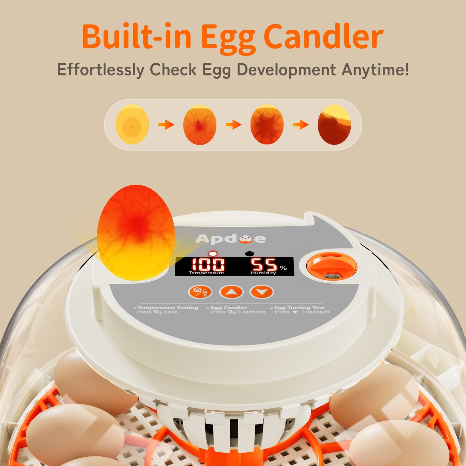 Apdoe built-in egg candler closeup showing illuminated egg inspection feature
