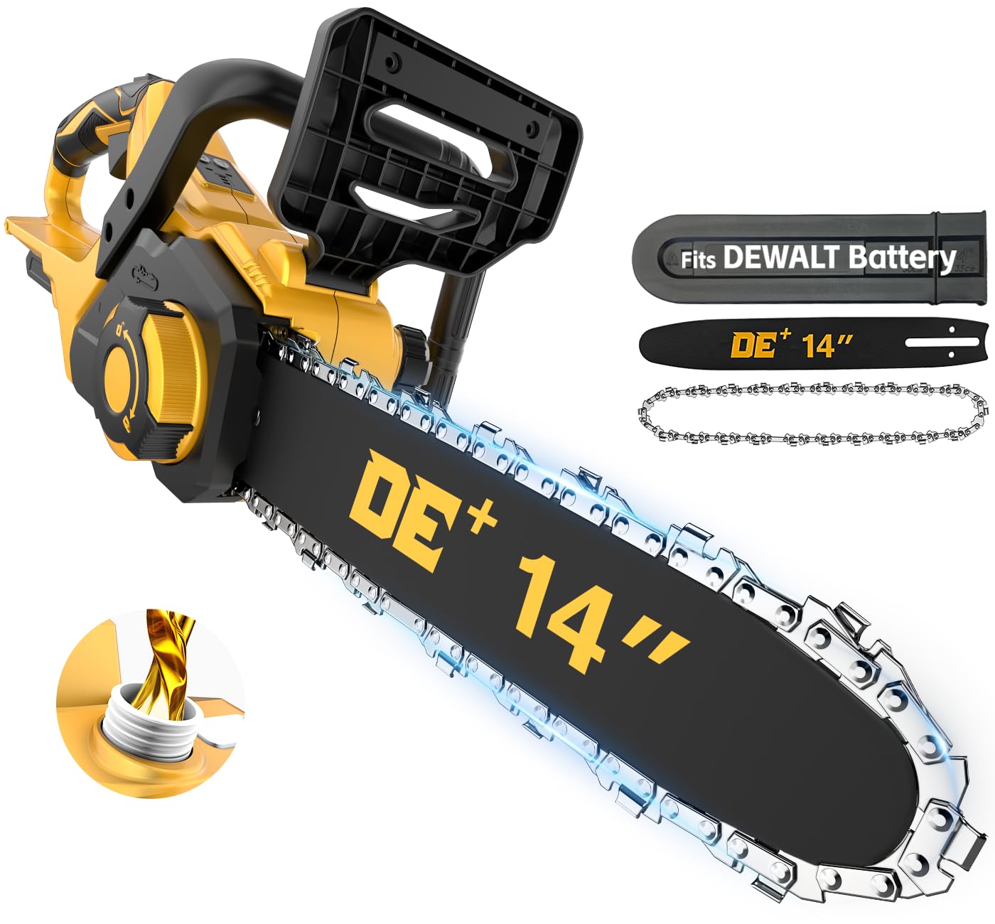 APEXPOWER front view showing compact 14-inch chainsaw and benefits portability