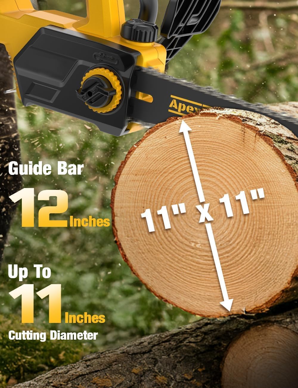 APEXPOWER chainsaw cutting a branch showing fast, clean pruning performance