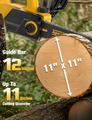 APEXPOWER chainsaw cutting a branch showing fast, clean pruning performance