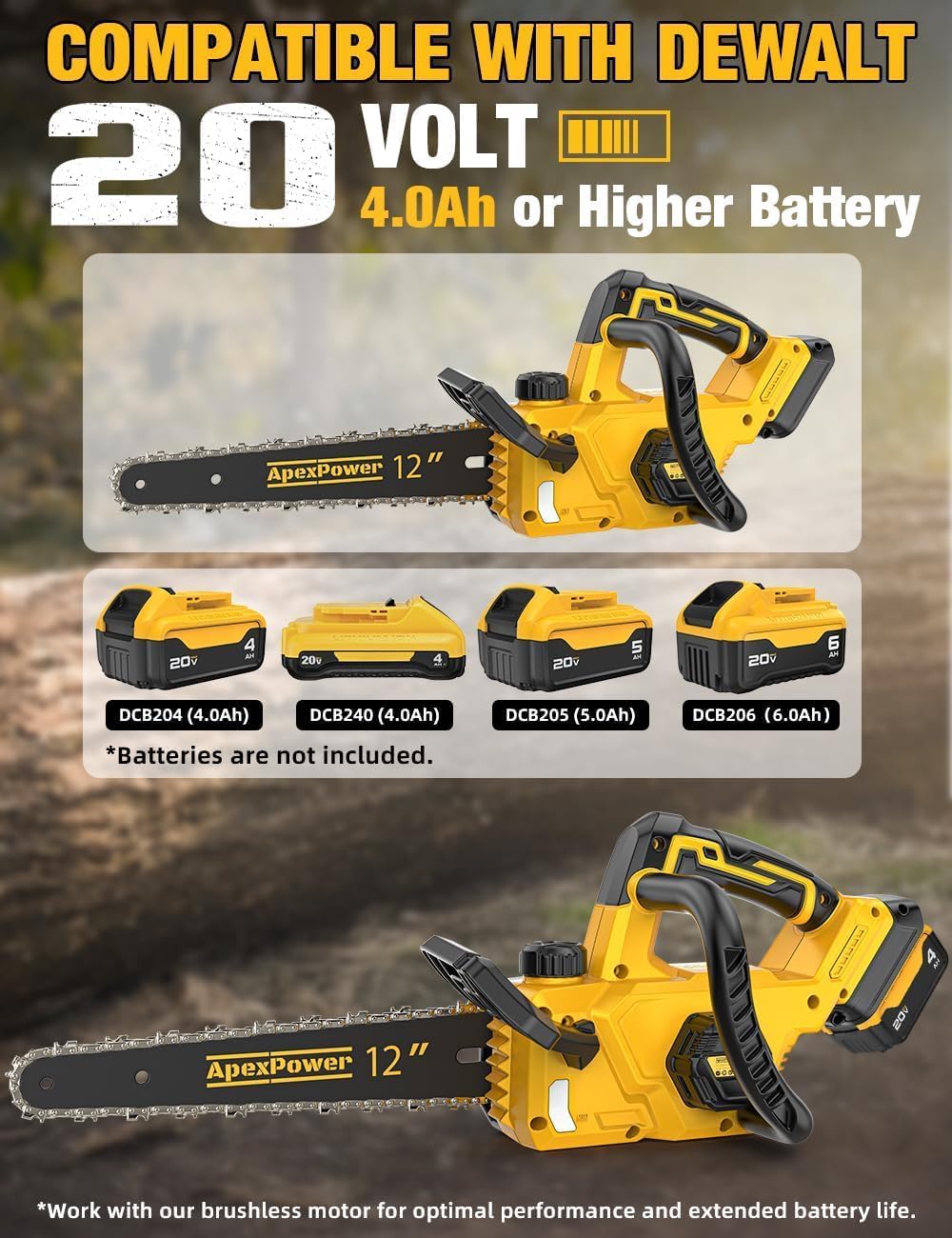 APEXPOWER closeup of 12-inch guide bar and hardened chain for longer life