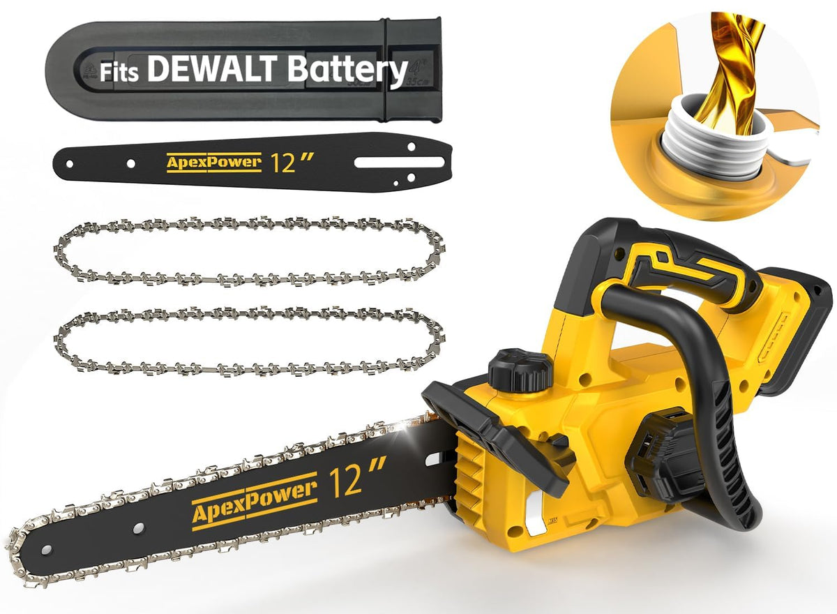 APEXPOWER front view of chainsaw showing compact design and portability