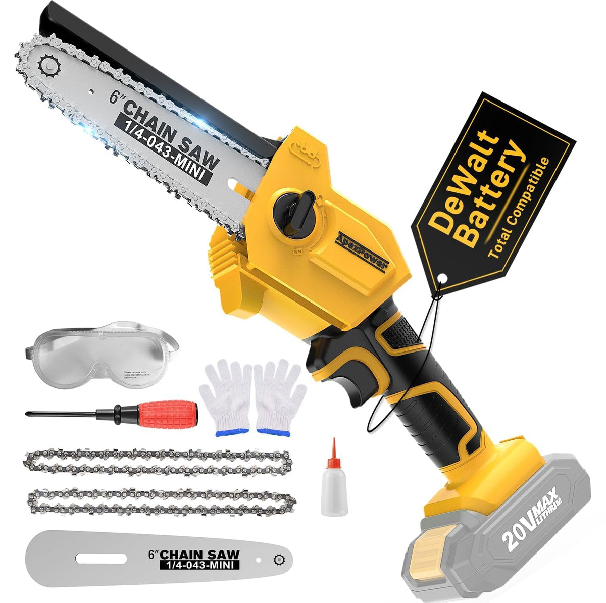 APEXPOWER front view of mini chainsaw showing compact form and portability benefit