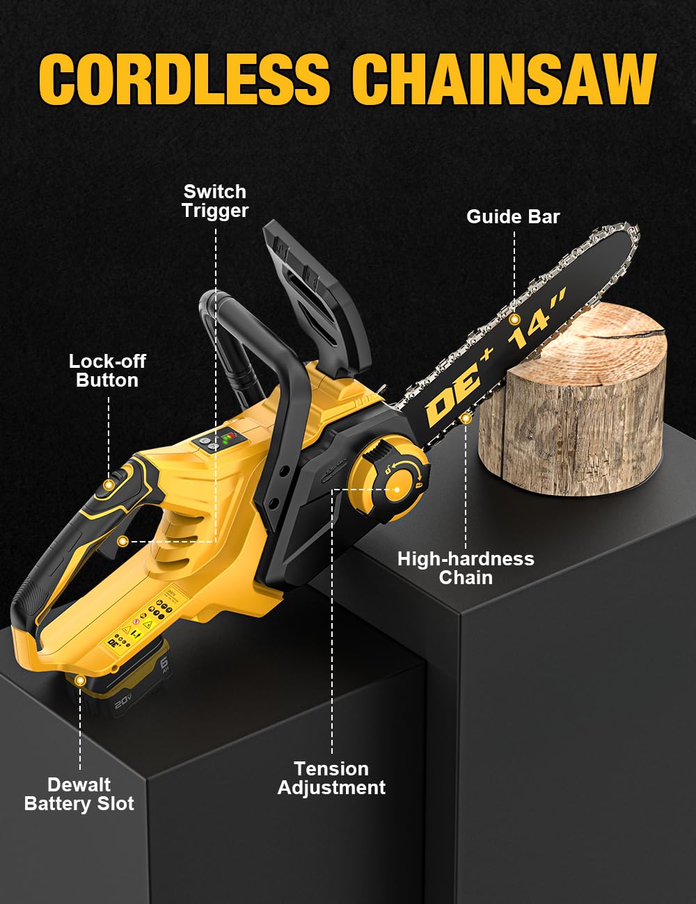 APEXPOWER boxed package contents showing chainsaw, bar, chain and manual