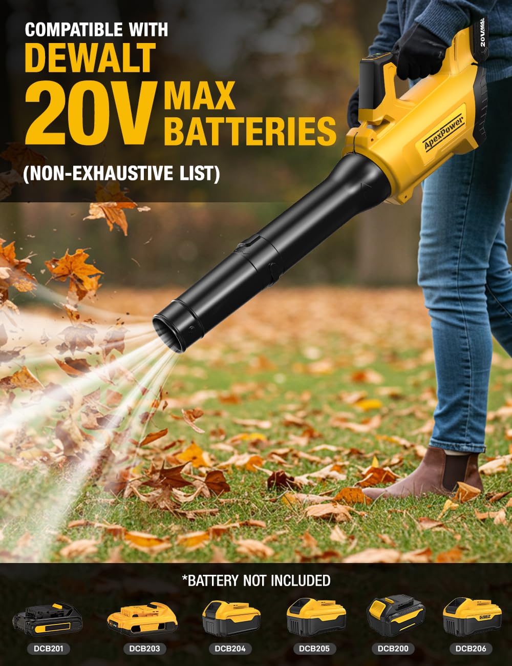APEXPOWER next to DEWALT 20V battery illustrating compatibility and scale