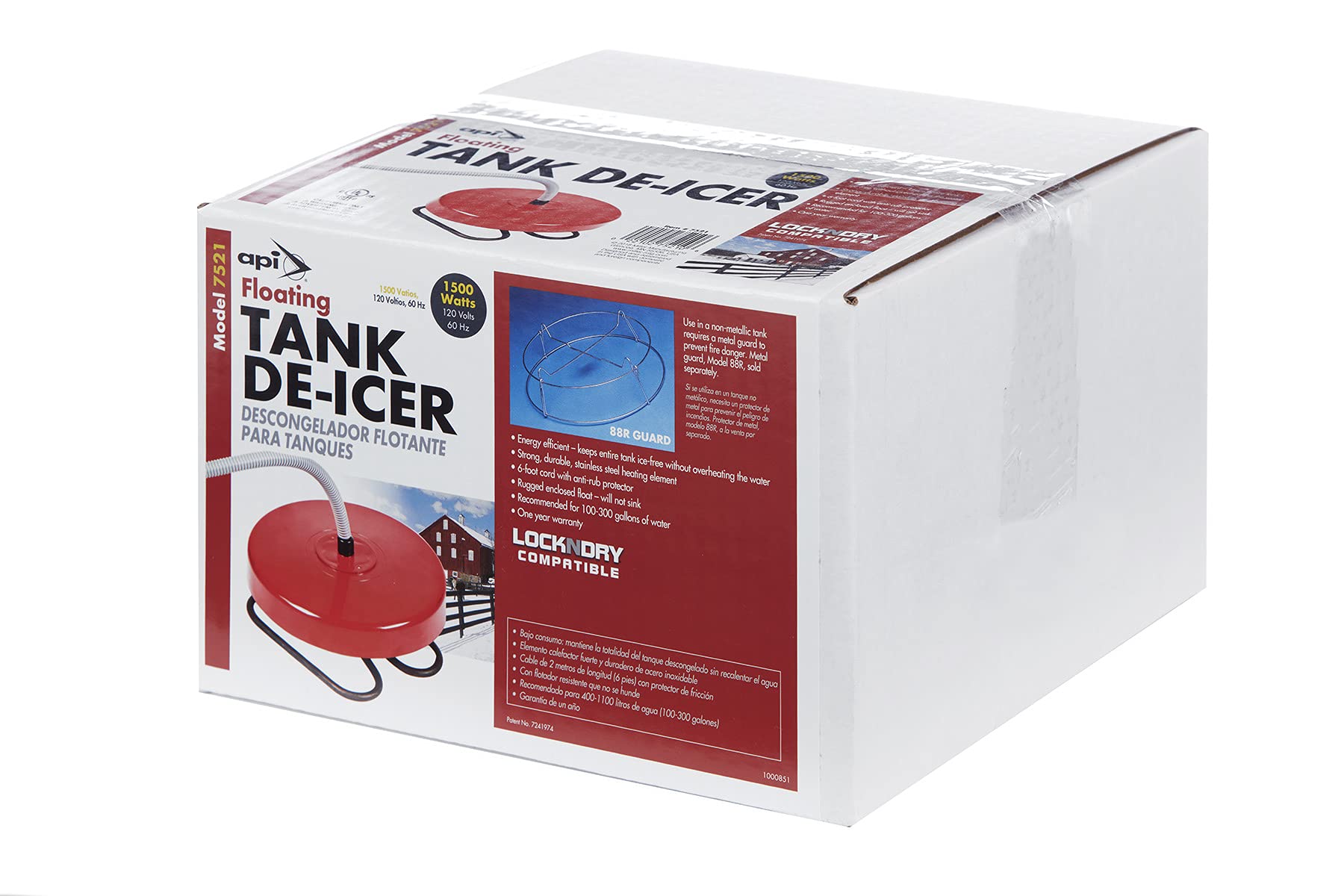 API de-icer beside gallon markers showing suitability for 100–300 gallon tanks