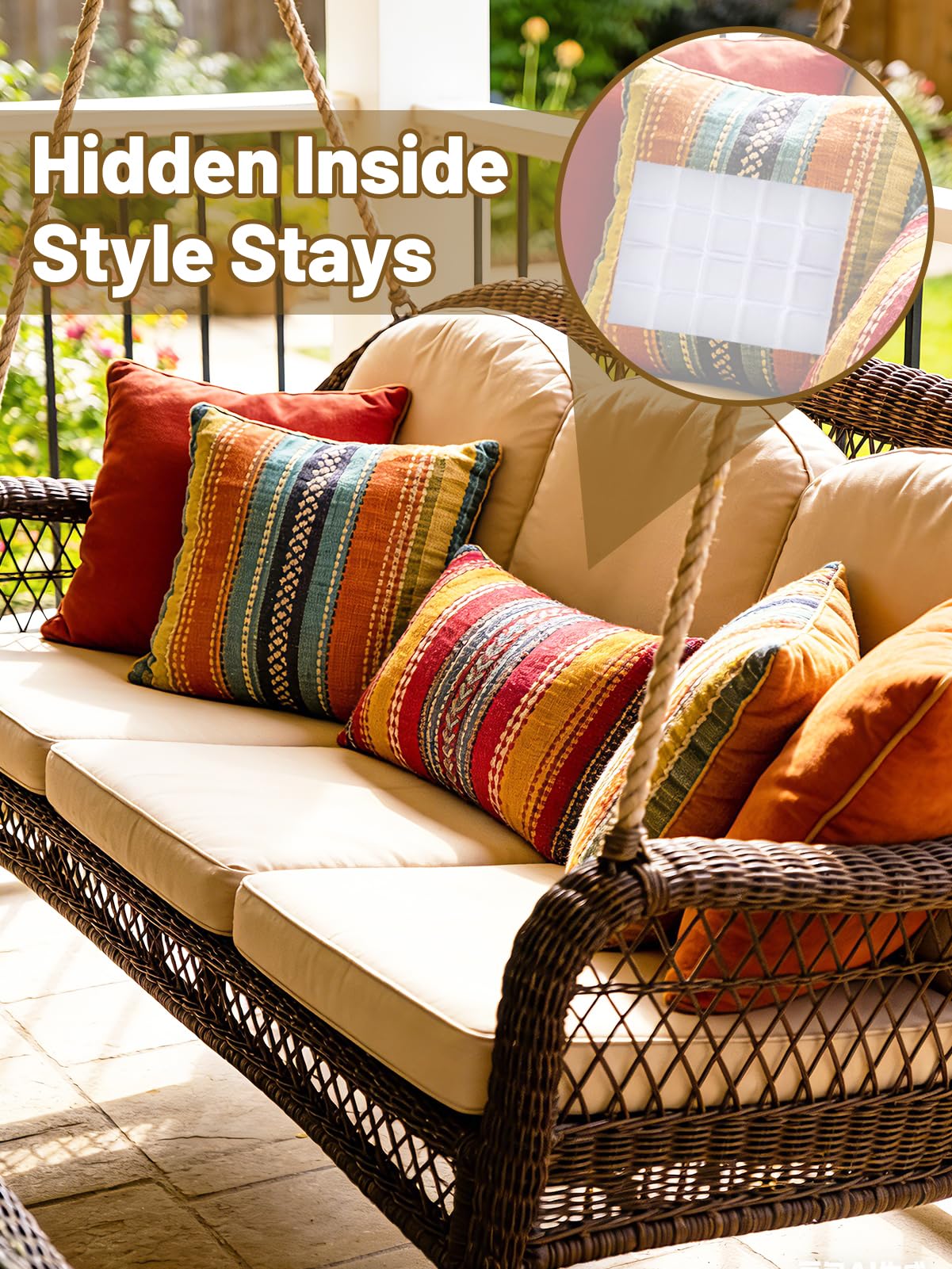 Apipi patio scene with pillows using inserts showing stable cushions in wind benefit