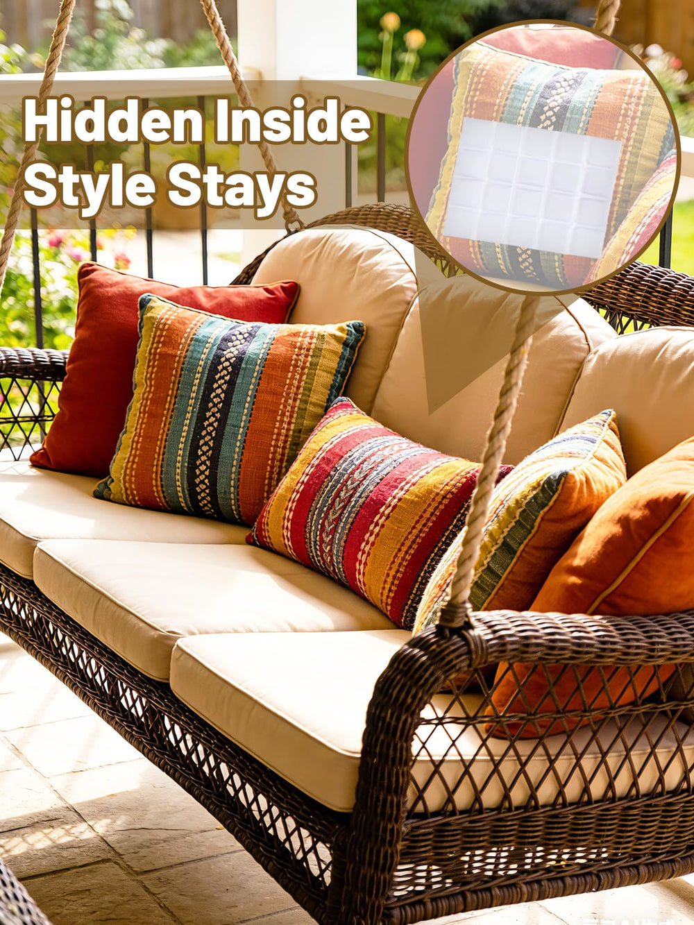 Apipi patio scene with pillows using inserts showing stable cushions in wind benefit
