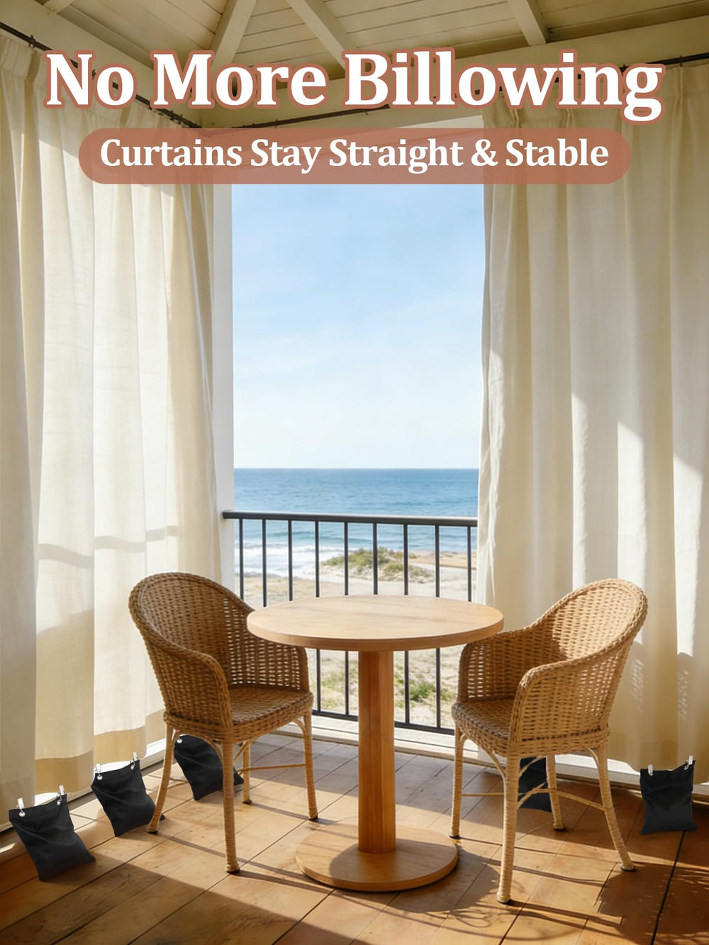 Apipi on patio curtains in lifestyle scene showing tidy, shaded outdoor space