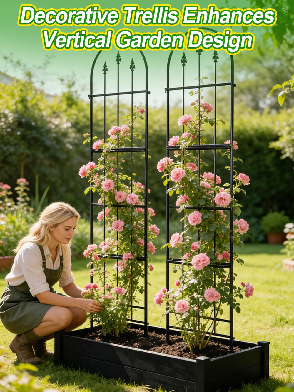 Apipi trellis supporting climbing roses and adding decorative vertical interest