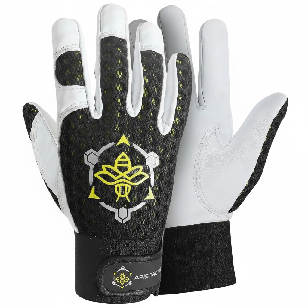 Apis Tactical front packaging showing medium goatskin gloves and key features