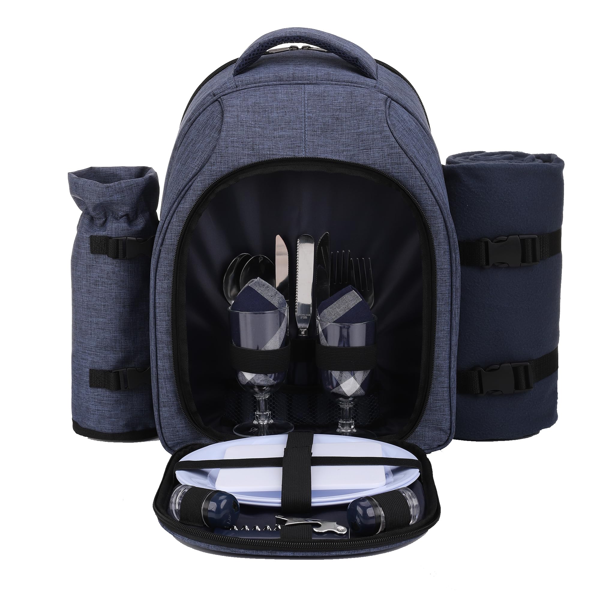 apollo walker front view navy picnic backpack shows organized compartments and durable fabric