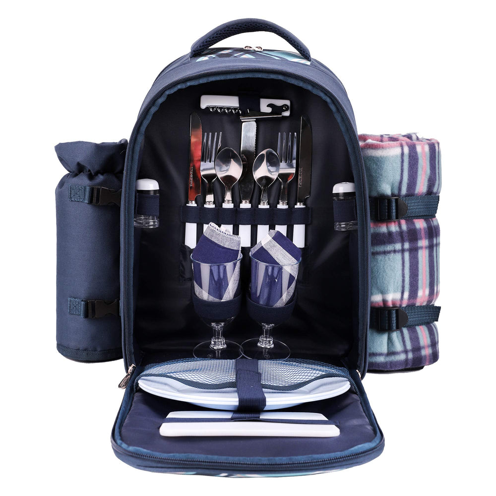 apollo walker front view of blue picnic backpack showing pockets and handle for organized transport