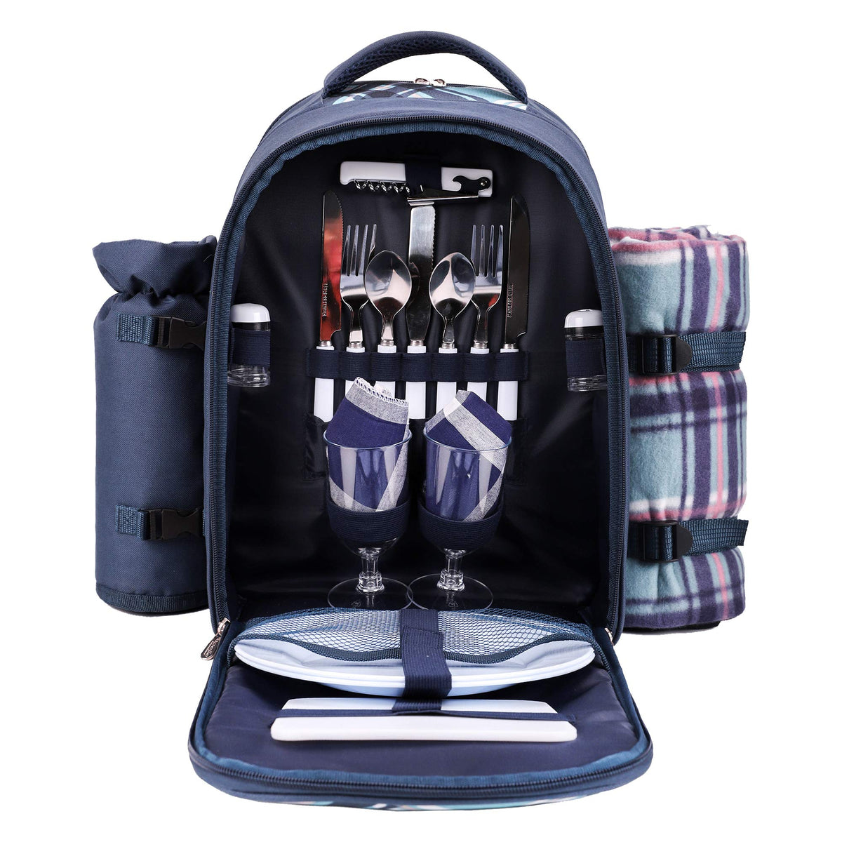 apollo walker front view of blue picnic backpack showing pockets and handle for organized transport