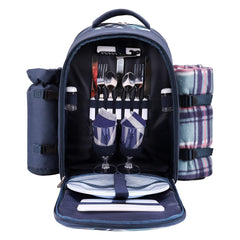 apollo walker front view of blue picnic backpack showing pockets and handle for organized transport