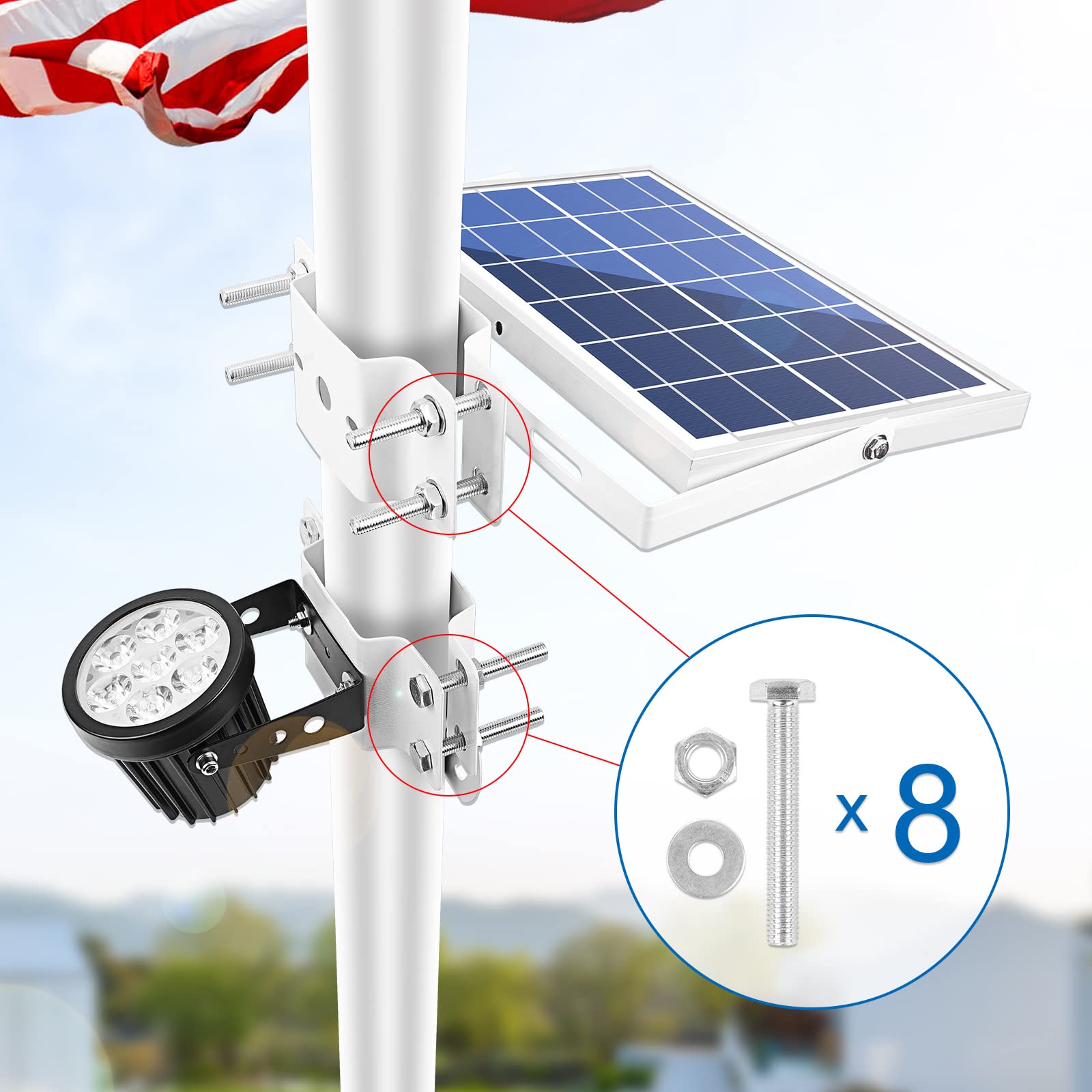 APONUO adjustable light head tilted to illuminate flag folds effectively