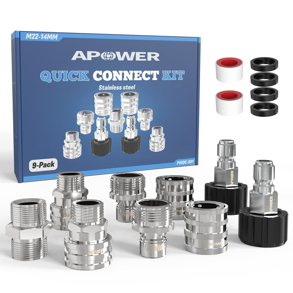 APOWER front packaging of quick connect kit showing complete 9-piece set and box — ready out of the box