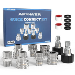 APOWER front packaging of quick connect kit showing complete 9-piece set and box — ready out of the box