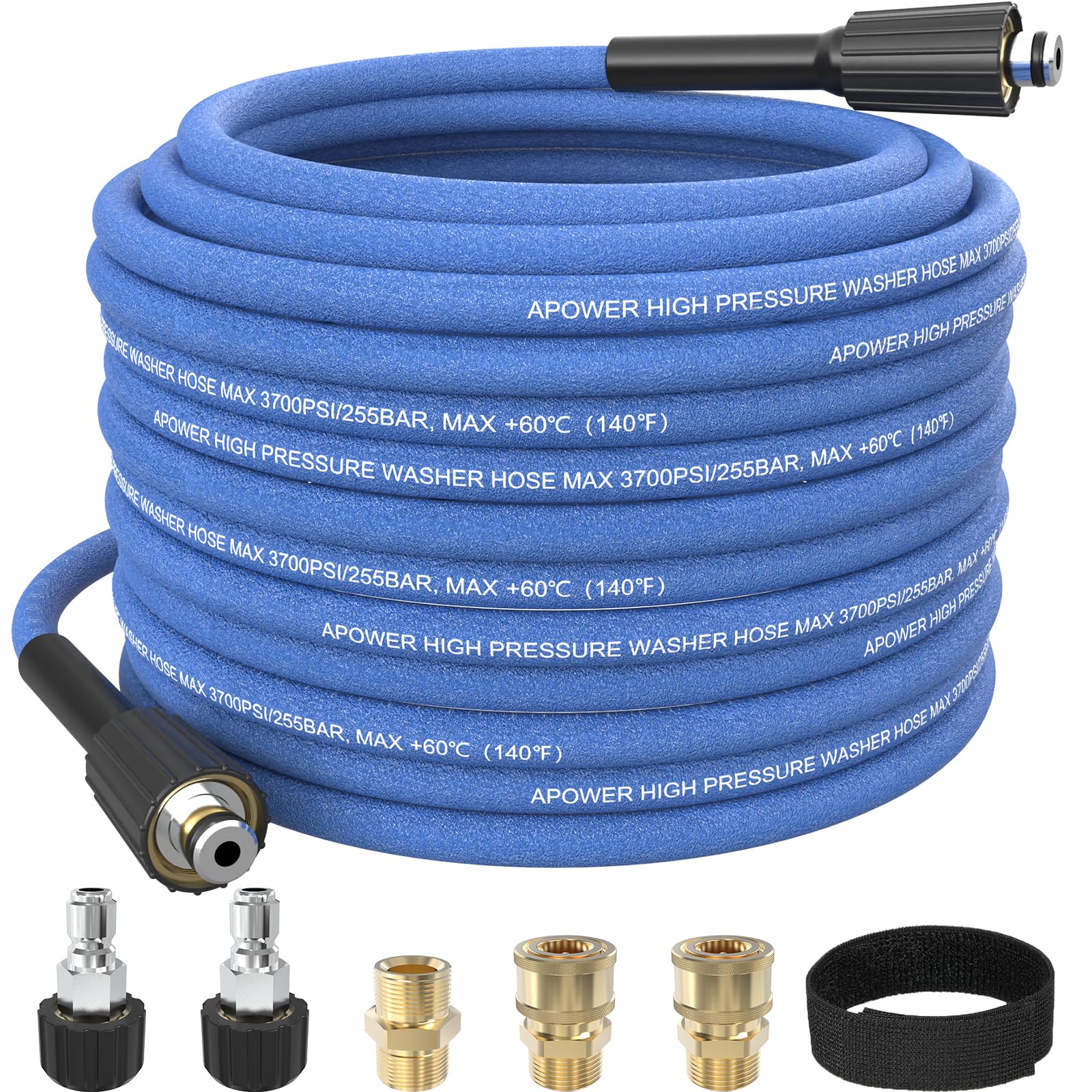 APOWER front view of 50ft hose and included accessories showing value
