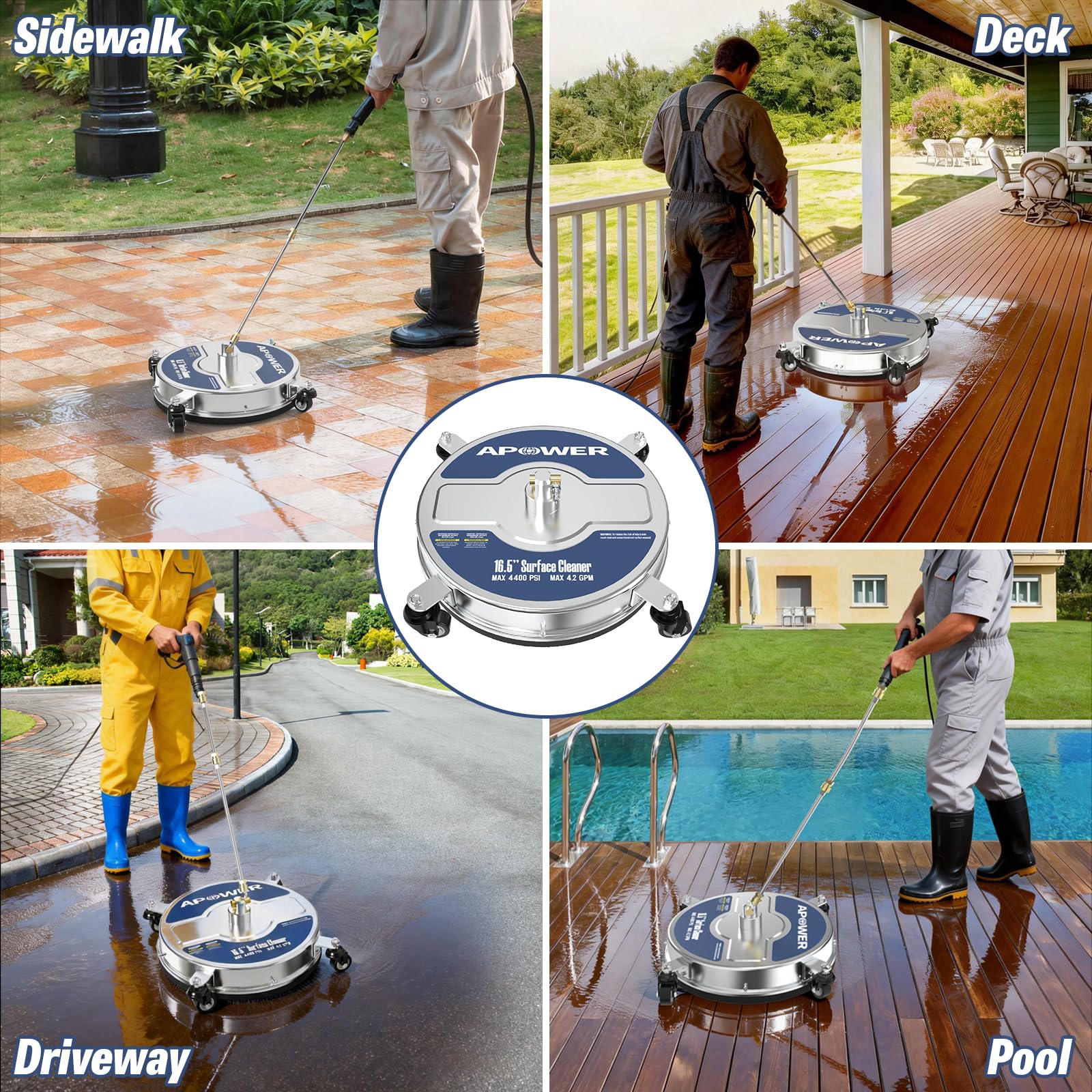APOWER surface cleaner in use on driveway reducing cleaning time
