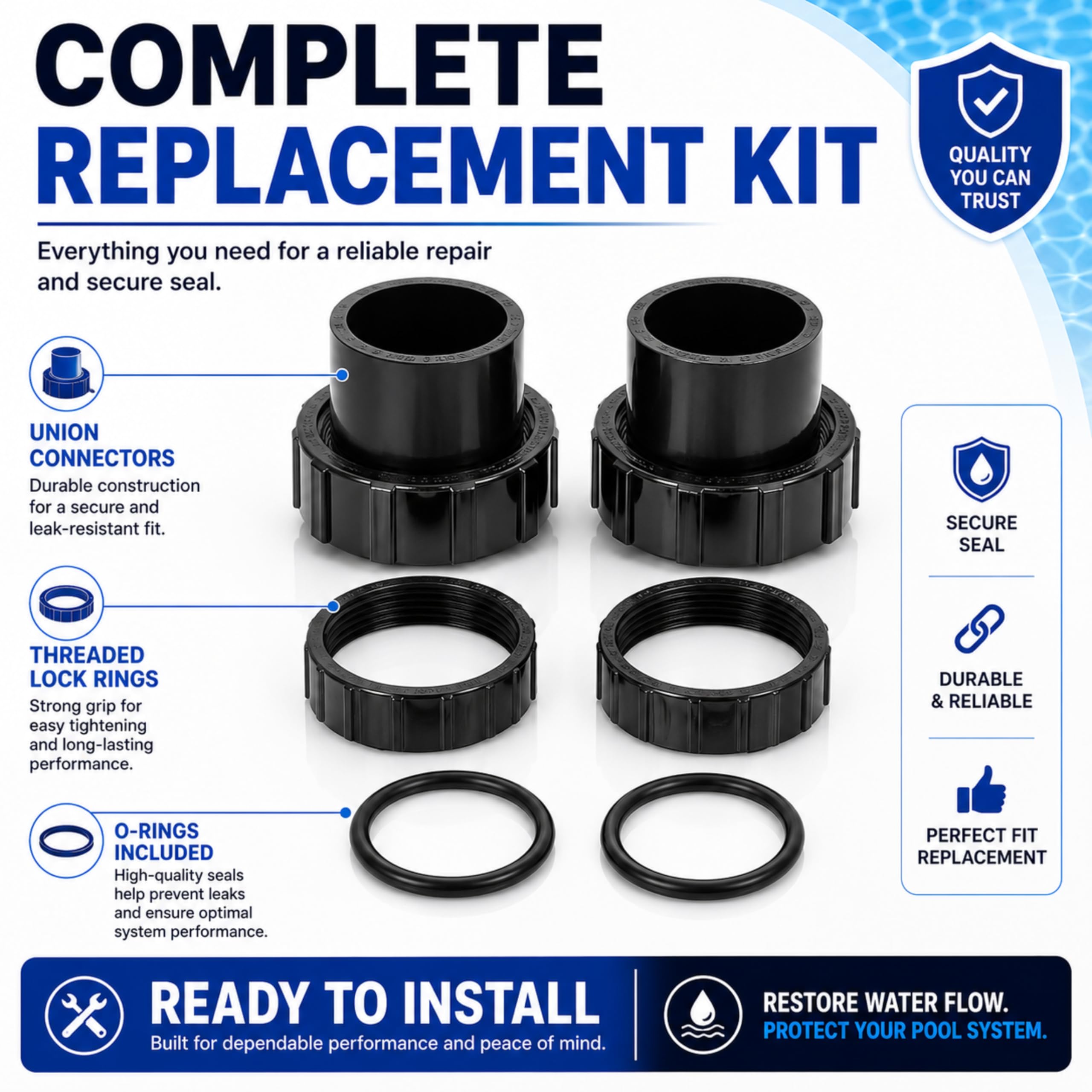 AppliaFit union connectors staged in pool equipment bay for quick maintenance