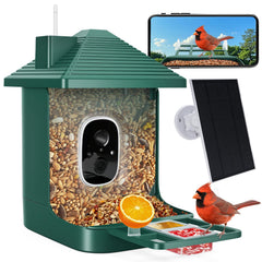 Aprilmin front view of feeder showing camera and perch, captures wildlife easily
