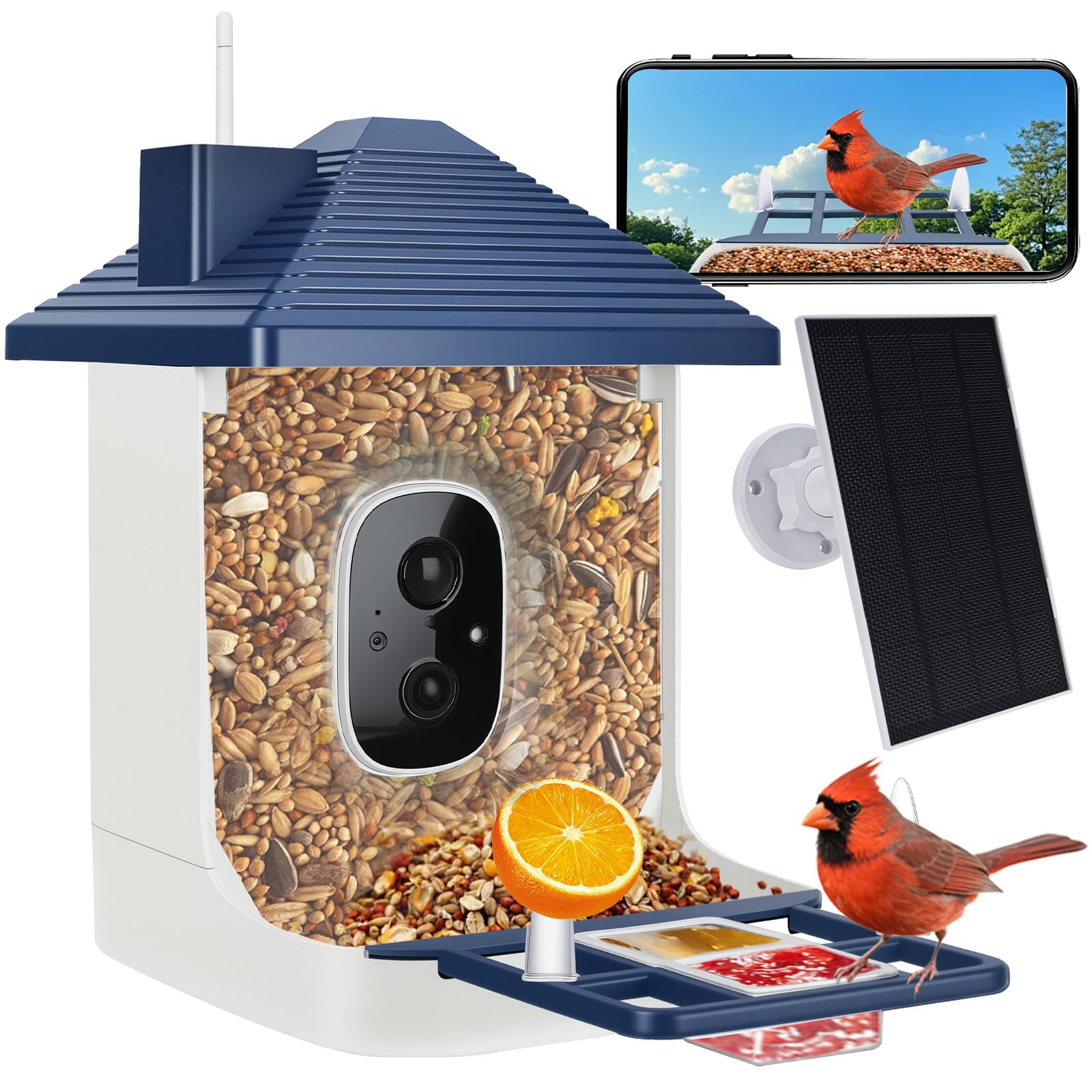 Aprilmin front view showing camera and feeder for clear backyard monitoring