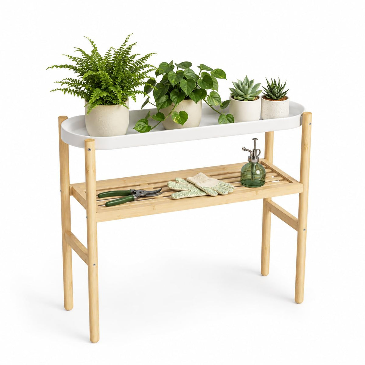 APRTAT front view of tall bamboo stand showing clean lines and organized plant display benefit