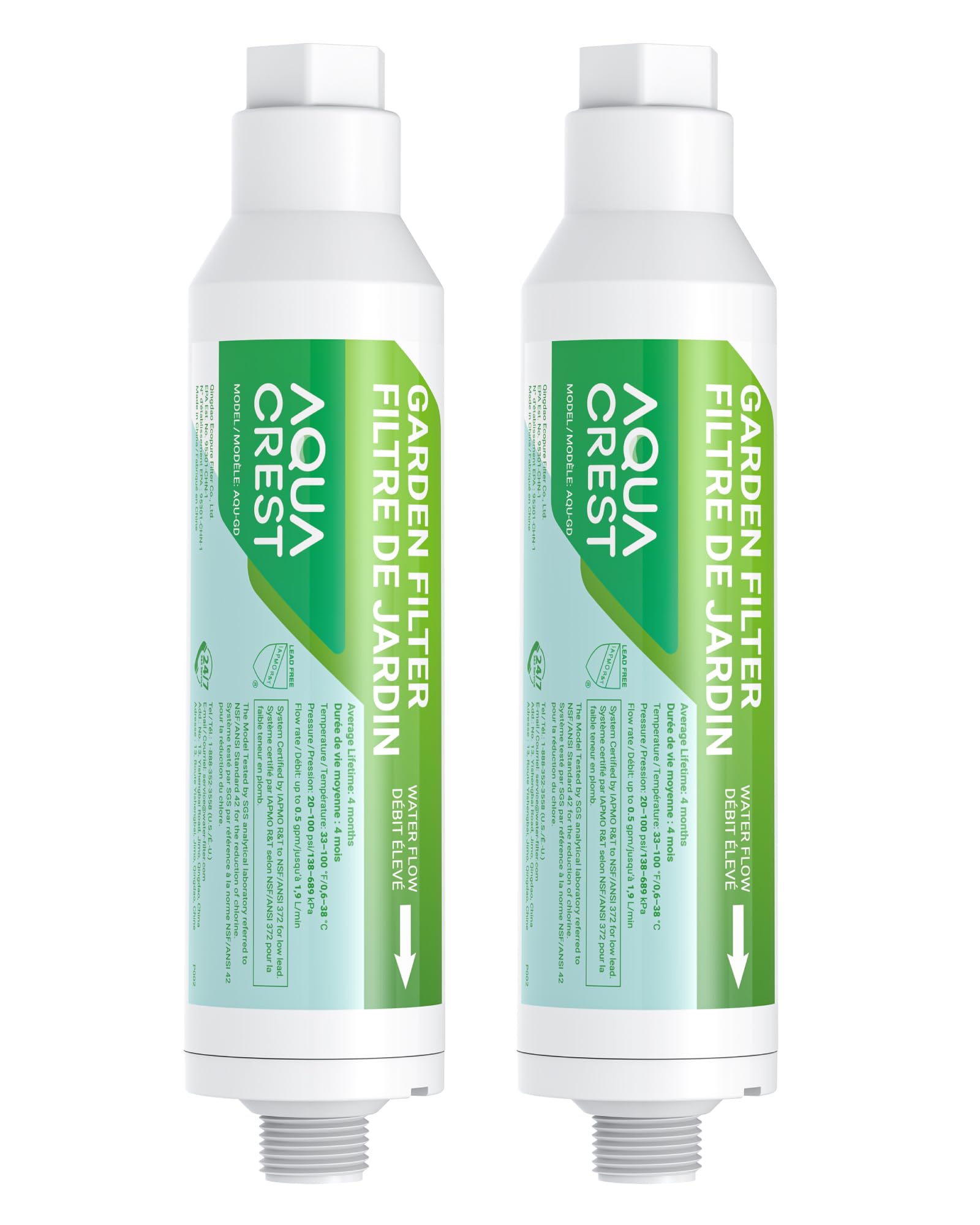 AQUA CREST front view of inline garden hose filter showing compact design and protection