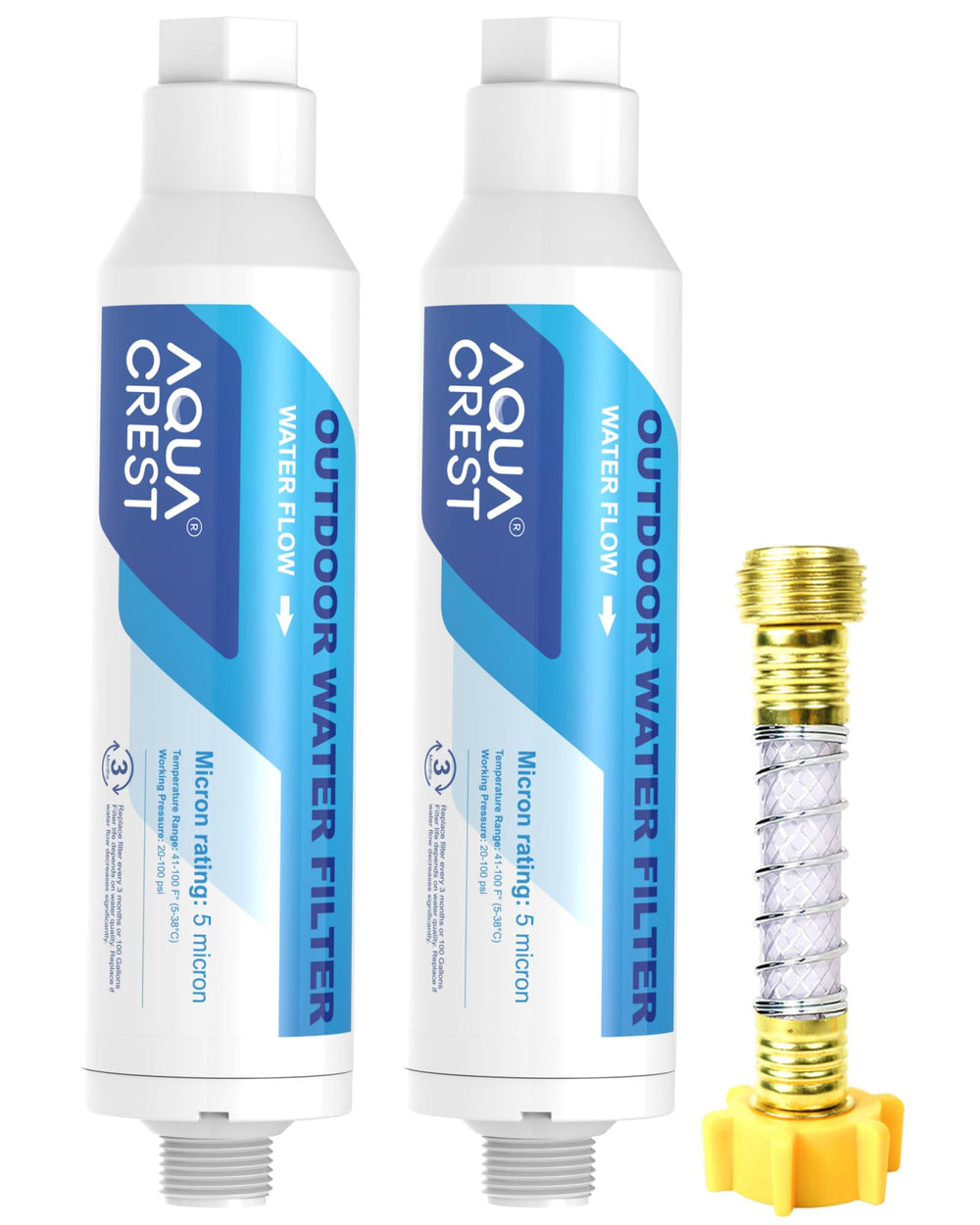 AQUA CREST front view showing compact inline filter and threaded ends for easy install