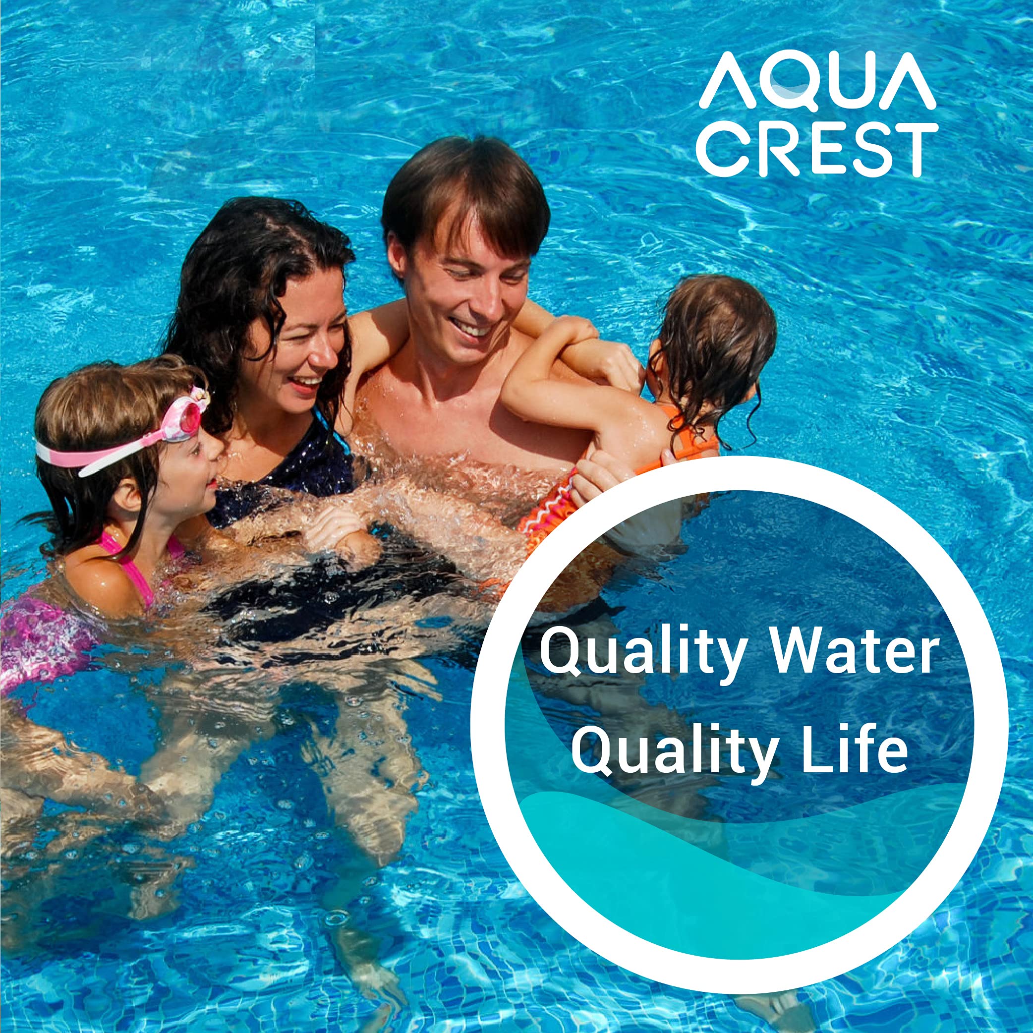 AQUA CREST cartridge beside backyard pool showing clearer water potential