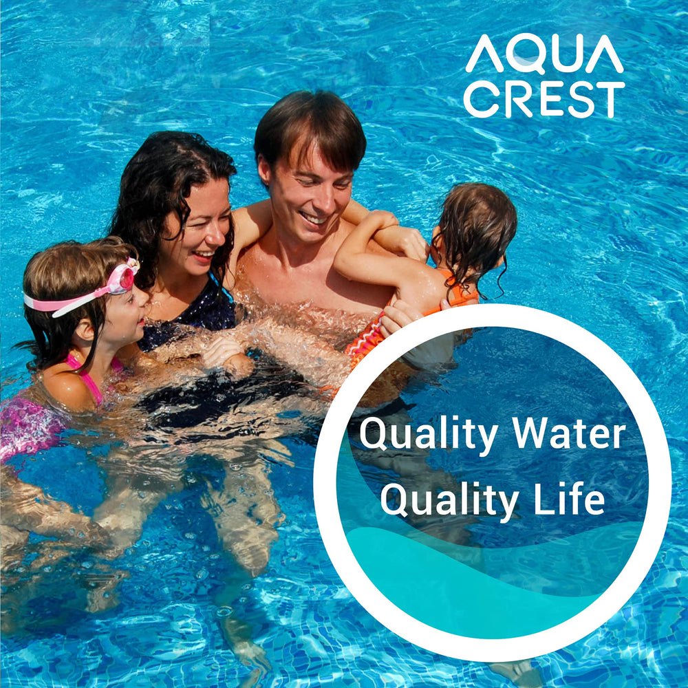 AQUA CREST cartridge beside backyard pool showing clearer water potential