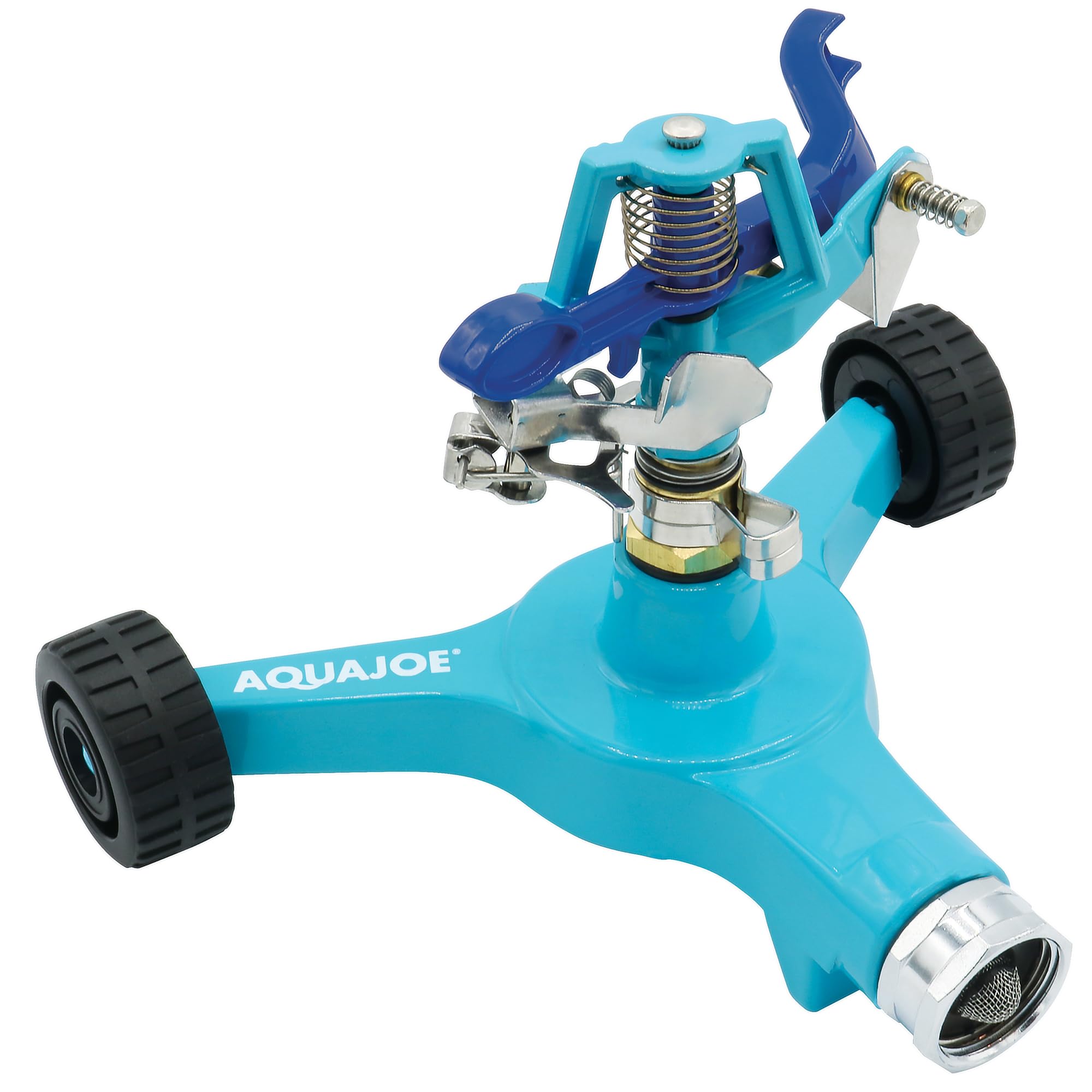 Aqua Joe front view showing full metal body and 360-degree sprinkler, durable performance