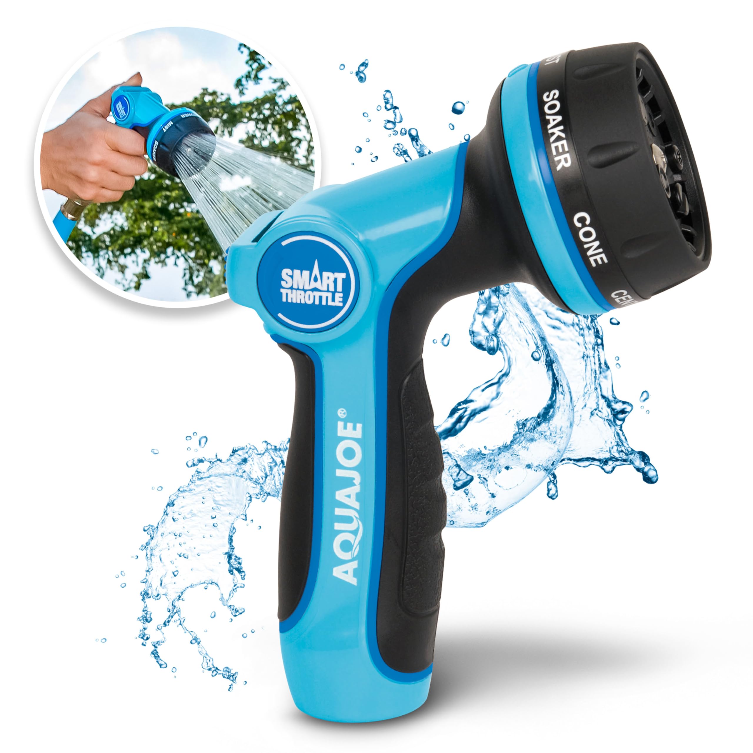 Aqua Joe front view of metal multi-function nozzle showing full profile and benefits