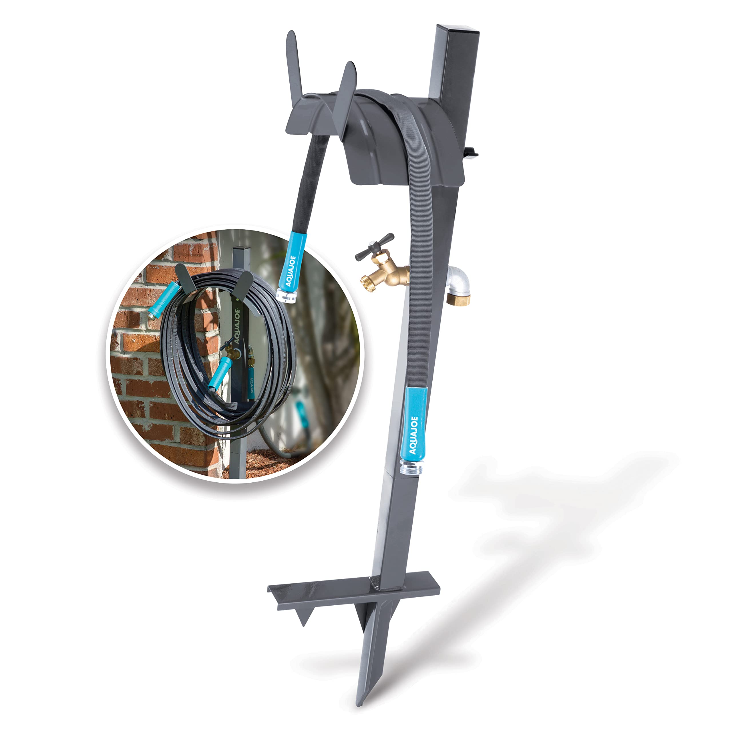 Aqua Joe front view of hose stand showing organized storage benefit