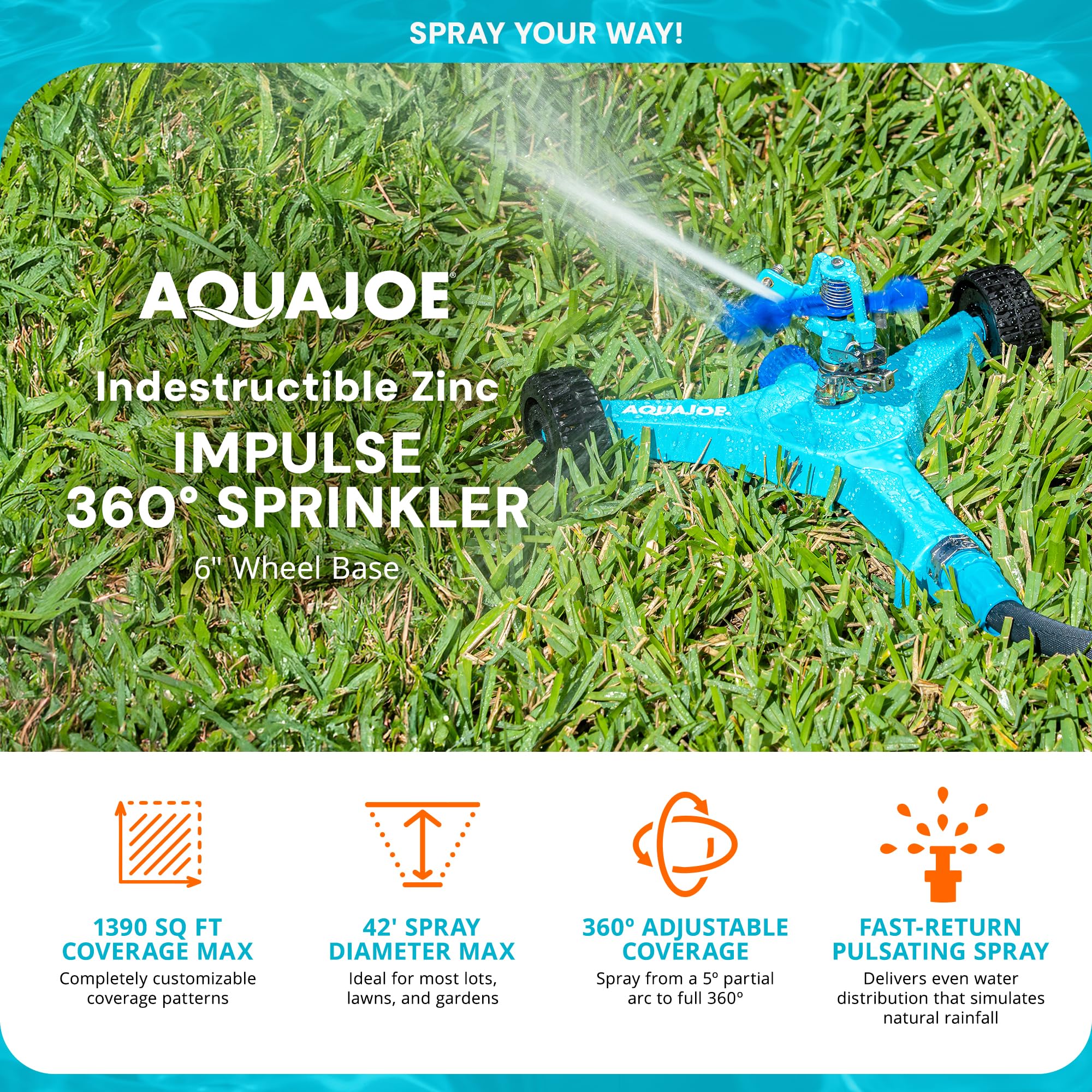 Aqua Joe impact head close-up showing pulsating mechanism and even water distribution