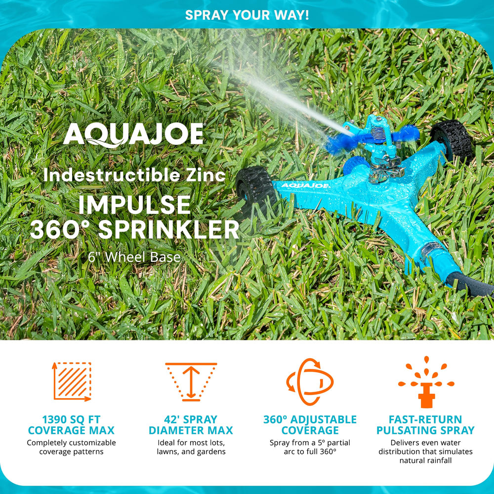 Aqua Joe impact head close-up showing pulsating mechanism and even water distribution